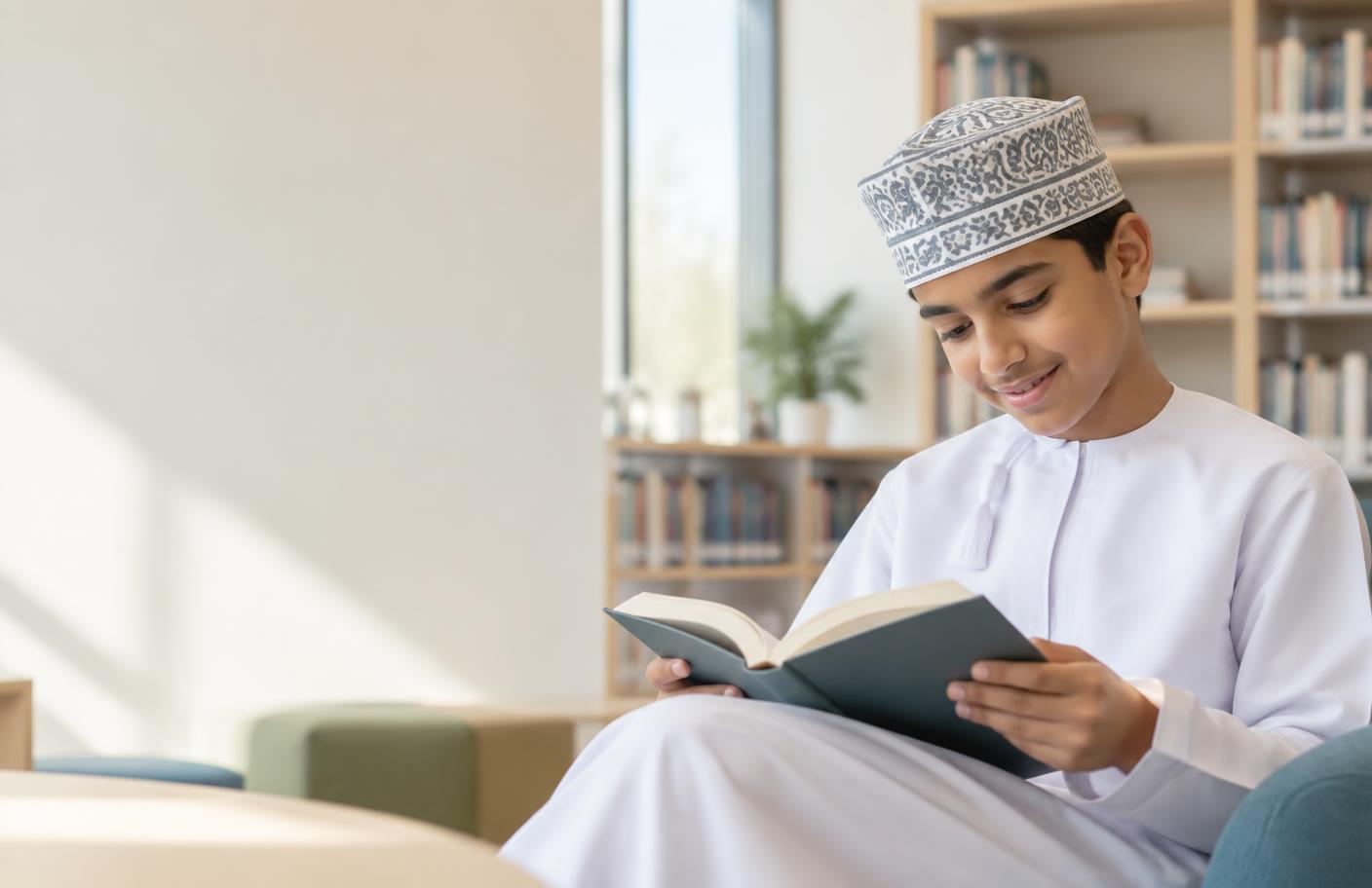 Omani schoolboy in a white dishdasha and kumma reading a book