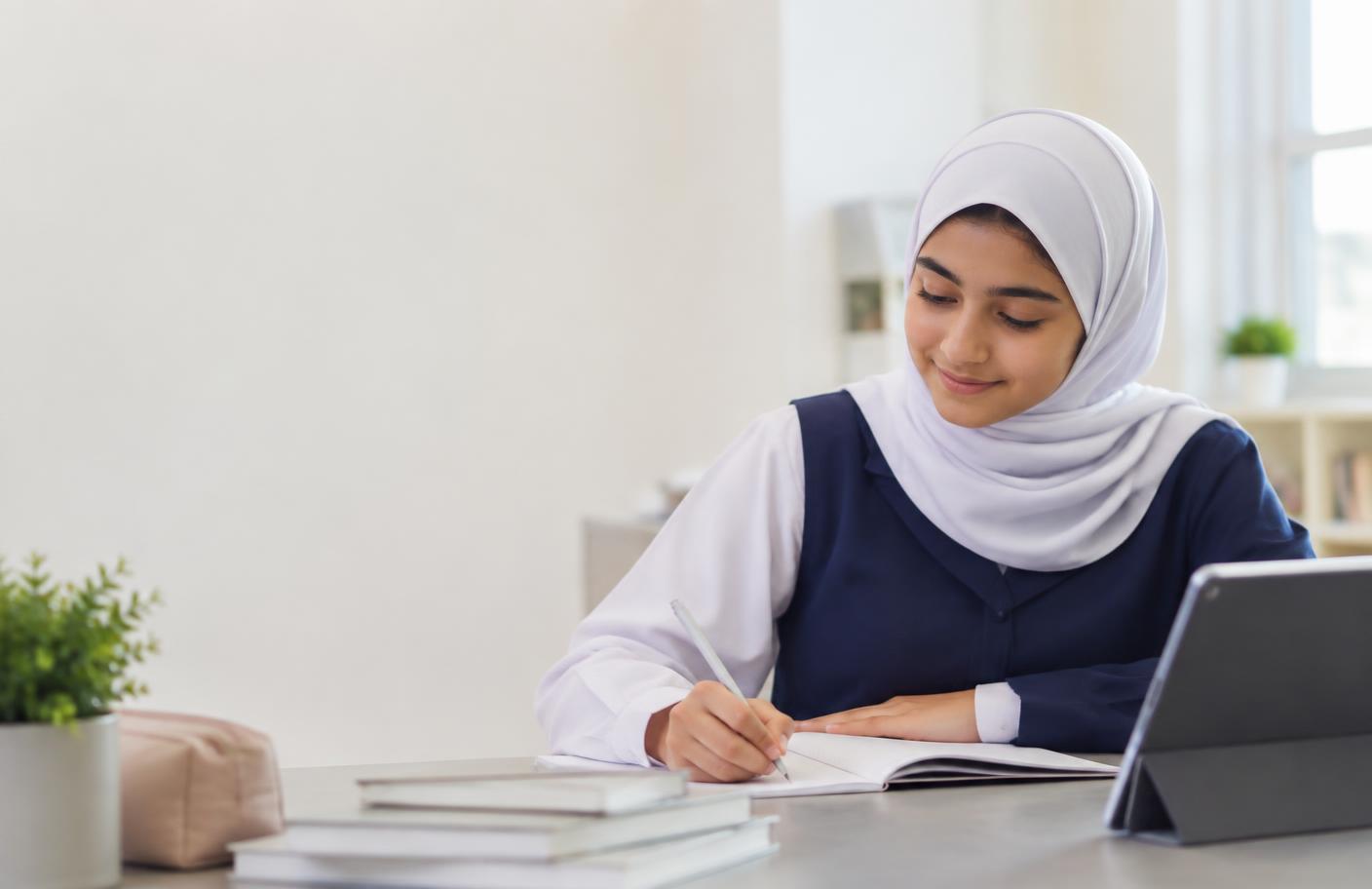 Omani schoolgirl in a navy uniform and white hijab writing beside a tablet
